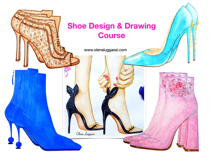 The best shoe design and drawing course. How to design and draw shoes, shoe design and drawing course, Olena Luggassi illustration 