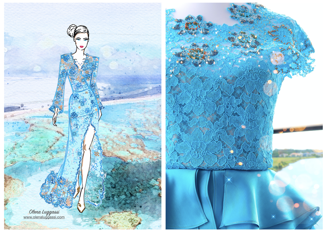 blue satin and lace dress design Olena Luggassi, fashion illustration online course