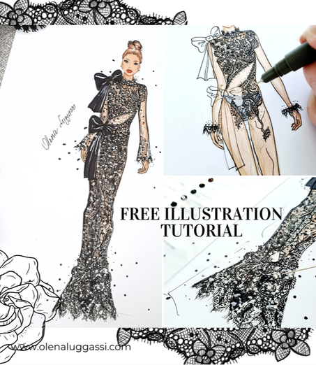 Free fashion illustration tutorial, lesson, course. Free drawing lesson. Free fashion design lesson. Drawing lace free lesson